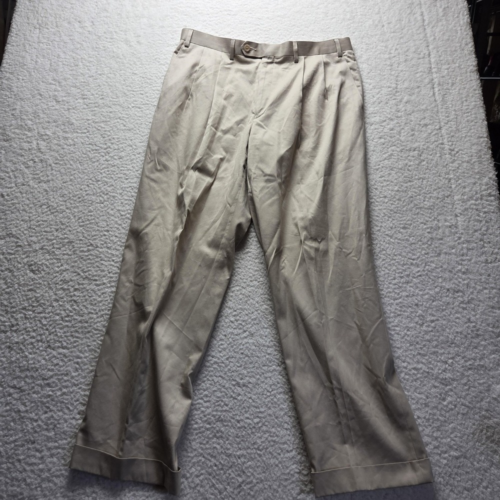 T. Harris Dress Pants Mens 36x30 Beige Pleated Cuffed Chino Regular Fit